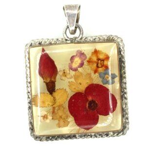 925 STERLING flowers under glass VINTAGE PENDANT rose bud forget-me-not 1 1/2"